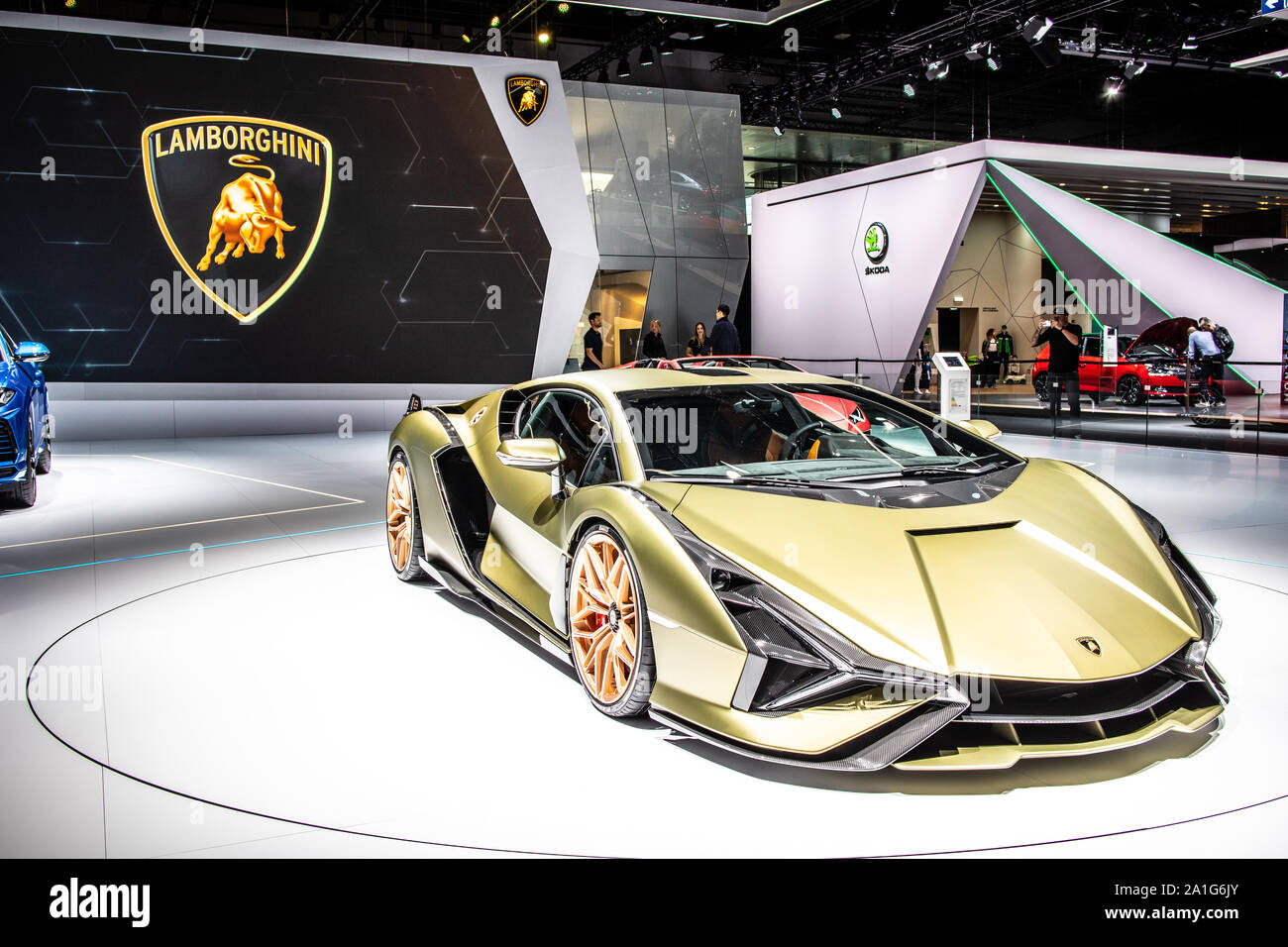 Frankfurt am Main, Deutschland, 19.09.2019: Lamborghini Sian FKP 37 auf der IAA, 2020 Modell Jahr erste supercapacitor-basierte hybrid V12 von Automobili Lamborghini Stockfoto