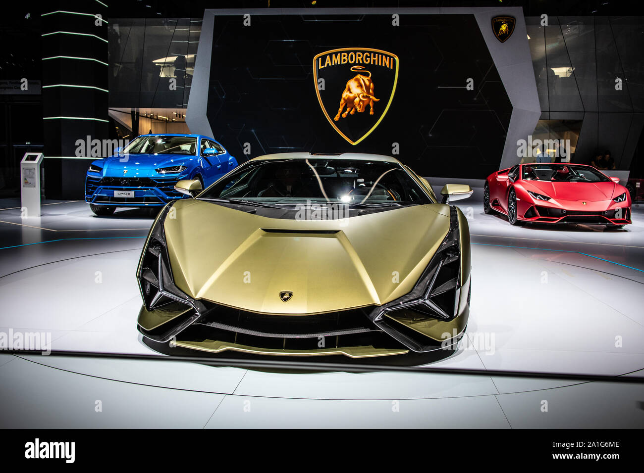 Frankfurt am Main, Deutschland, 19.09.2019: Lamborghini Sian FKP 37 auf der IAA, 2020 Modell Jahr erste supercapacitor-basierte hybrid V12 von Automobili Lamborghini Stockfoto