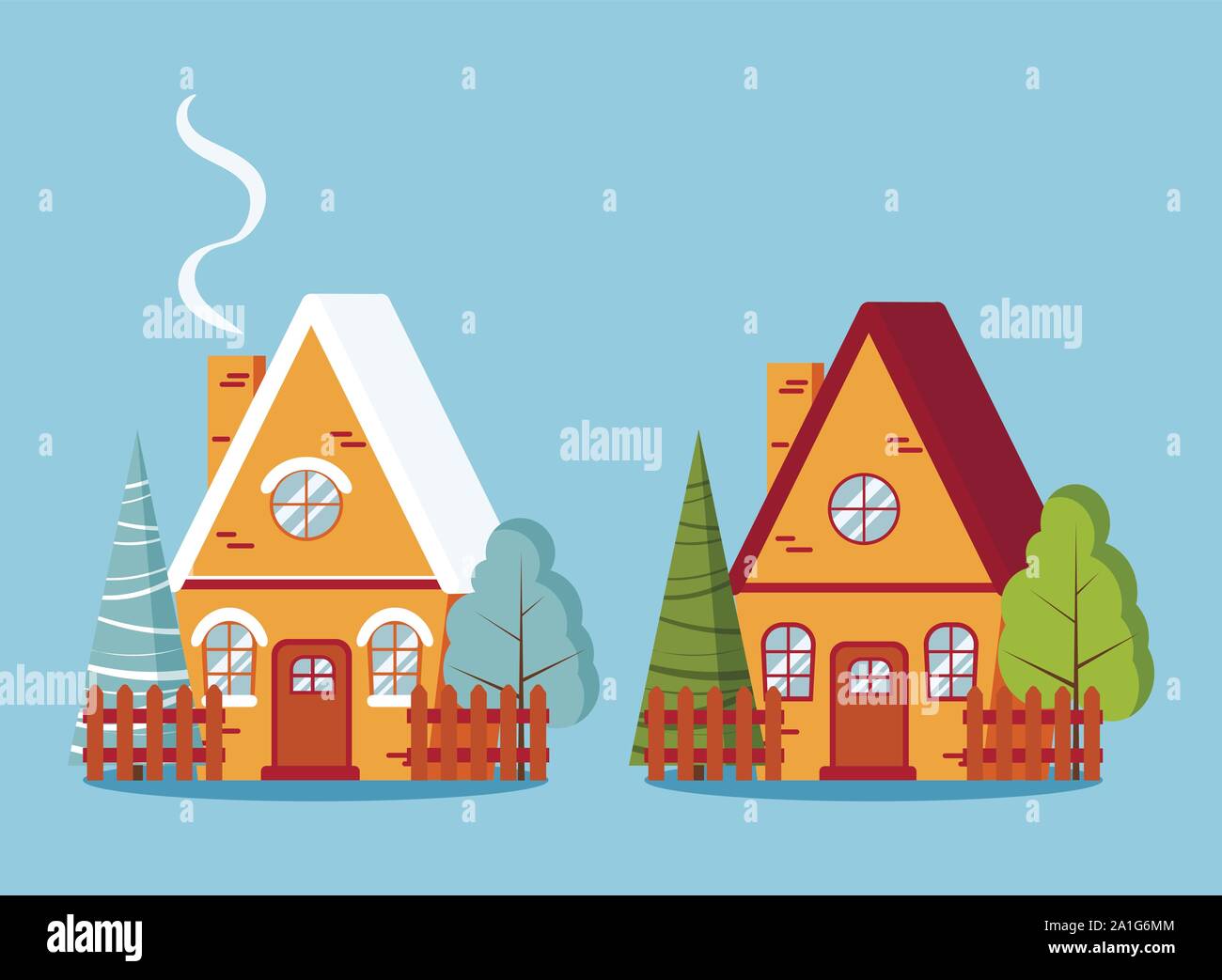 Eingestellt von isolierten Land Bauernhof aus rotem Backstein Winter und Sommer Häuser mit Zäunen in flachen Cartoon Stil. Stock Vektor