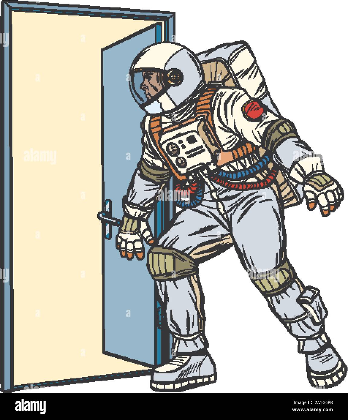 Astronaut öffnet die Tür zum Unbekannten. Pop Art retro Vektor stock Illustration Zeichnung Stock Vektor