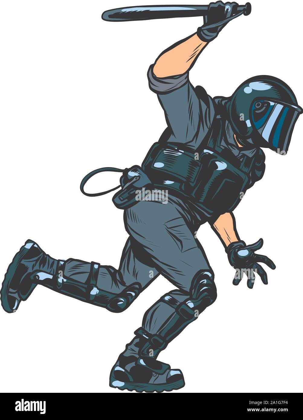 Polizist, Angriffe mit einem Schlagstock. Polizei arbeiten. autoritären und totalitären Regimen Konzept. Pop Art retro Vektor illustration Zeichnung Stock Vektor