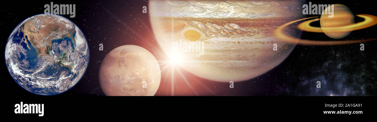 Planeten in der Zeile Solar System In den sternklaren Universum panorama Elemente dieses Bild von der NASA eingerichtet Stockfoto