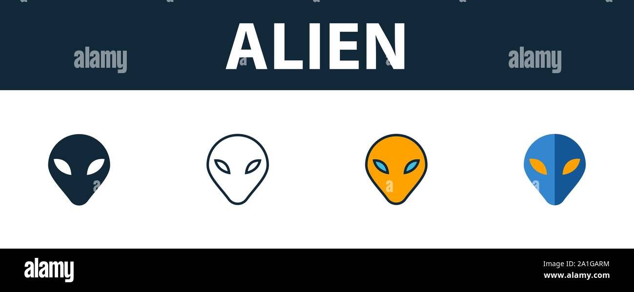 Alien Symbol gesetzt. Vier einfache Symbole in verschiedenen Stilen aus dem Weltraum icons Collection. Creative alien Icons, Outline, Farben und Symbole Stock Vektor