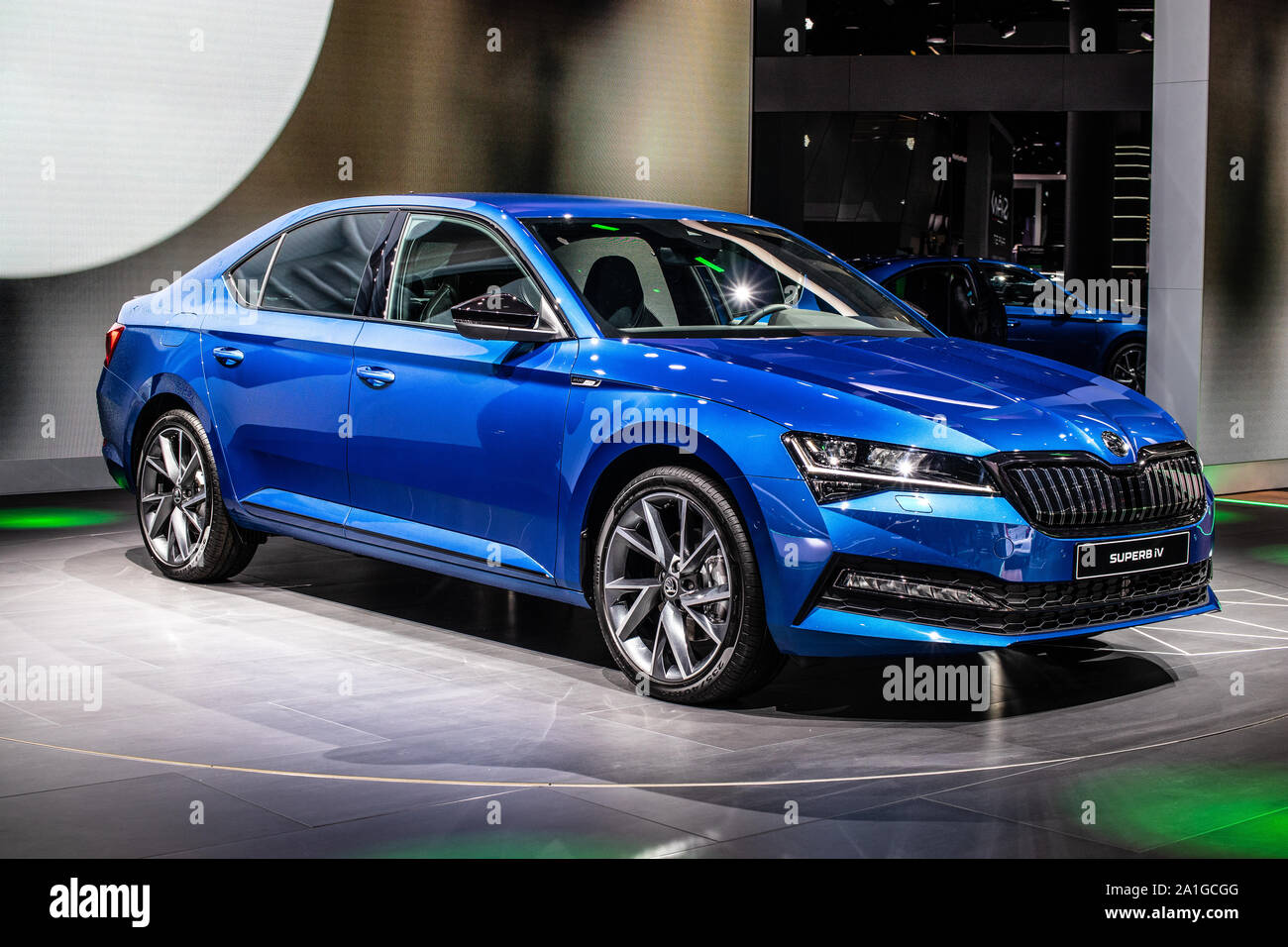 Frankfurt, Deutschland, Sep 2019 neue Skoda Superb iV PIHV Plug-in-Hybrid, IAA, B8, Typ 3V, 3. Generation, Verschönerung, MQB Plattform, 2020 Modell Jahr, von Skoda Stockfoto