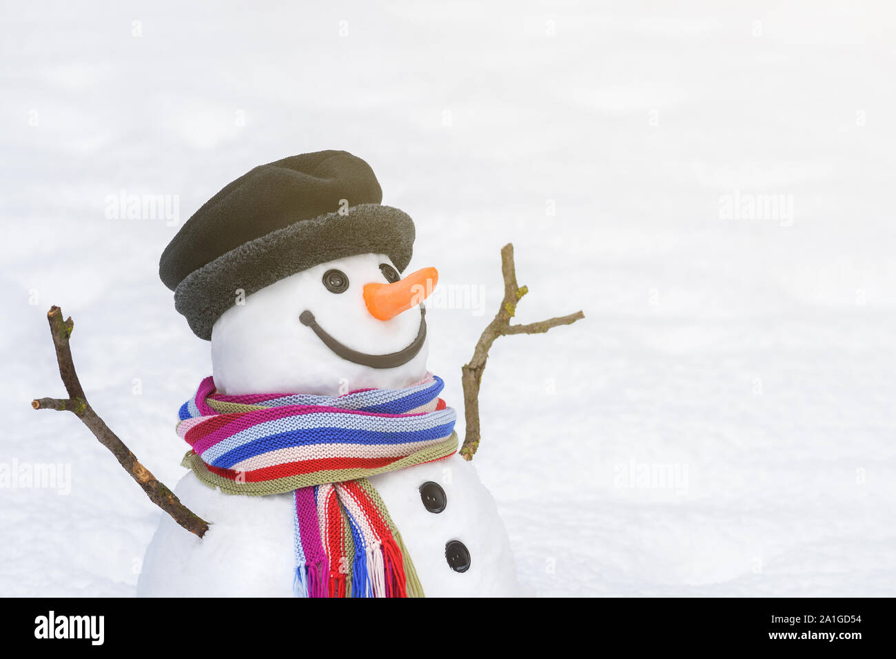 Weihnachten (Neujahr) Karte mit einem lächelnden Schneemann in einem Stadtpark. Weiß Kopie Raum ein Gruß oder festliche Text einfügen Stockfoto