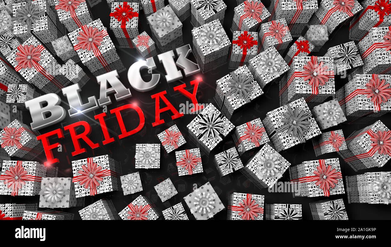 Schwarzer Freitag Schriftzug. Blick von oben auf die weiße Geschenkboxen in verschiedenen Größen mit Red Ribbon umliegenden Dicke glänzend Buchstaben in Weiß und Rot auf einem spiegeln Stockfoto