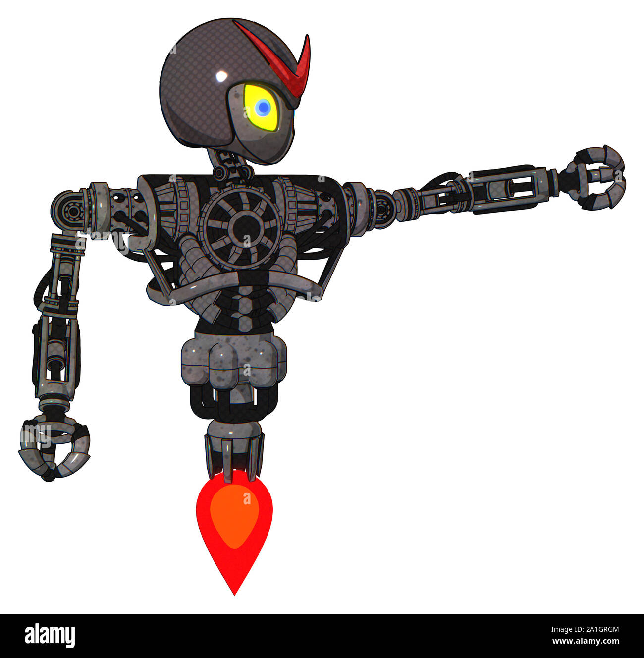 Roboter, die Elemente enthalten: grau Alien style Kopf, gelbe Augen mit blauen Schüler, Rot v, grau Helm, schwere obere Brust, keine Brust plating, Jet propulsio Stockfoto