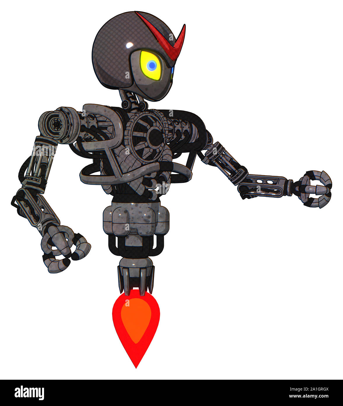 Roboter, die Elemente enthalten: grau Alien style Kopf, gelbe Augen mit blauen Schüler, Rot v, grau Helm, schwere obere Brust, keine Brust plating, Jet propulsio Stockfoto