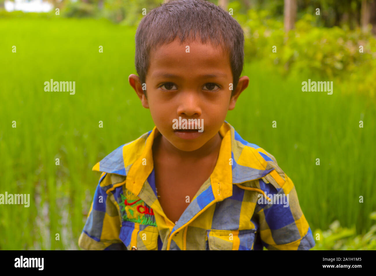 Asiatische Bangladeshi Cute Little Boy (lokal) mit Blick auf die Kamera Stockfoto