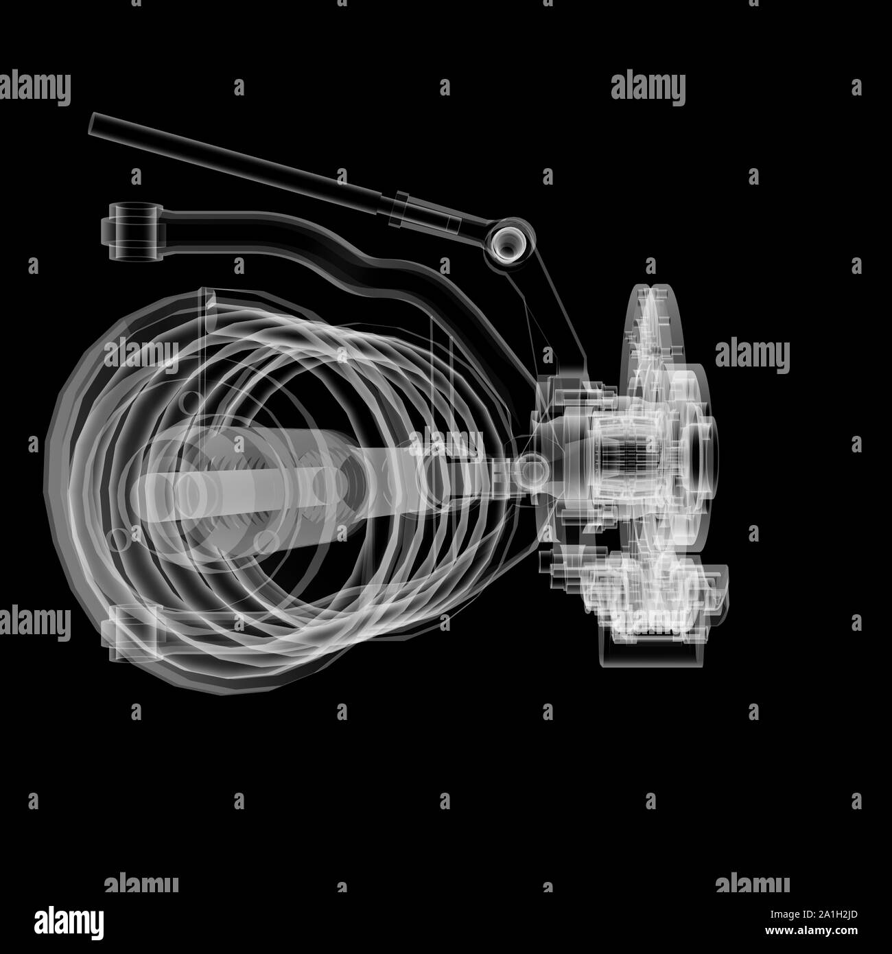 X-ray Auto Suspension und Bremsscheibe auf schwarzen Hintergrund, 3D-Darstellung Stockfoto