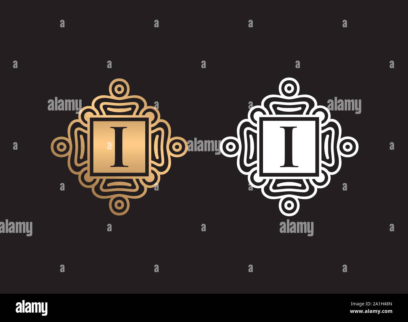 Schreiben erste Logo Design vector Template, Brief Logo Design mit quadratischen Ornament, Gold und Weiß Ornament mit Buchstaben Logo Design Stock Vektor