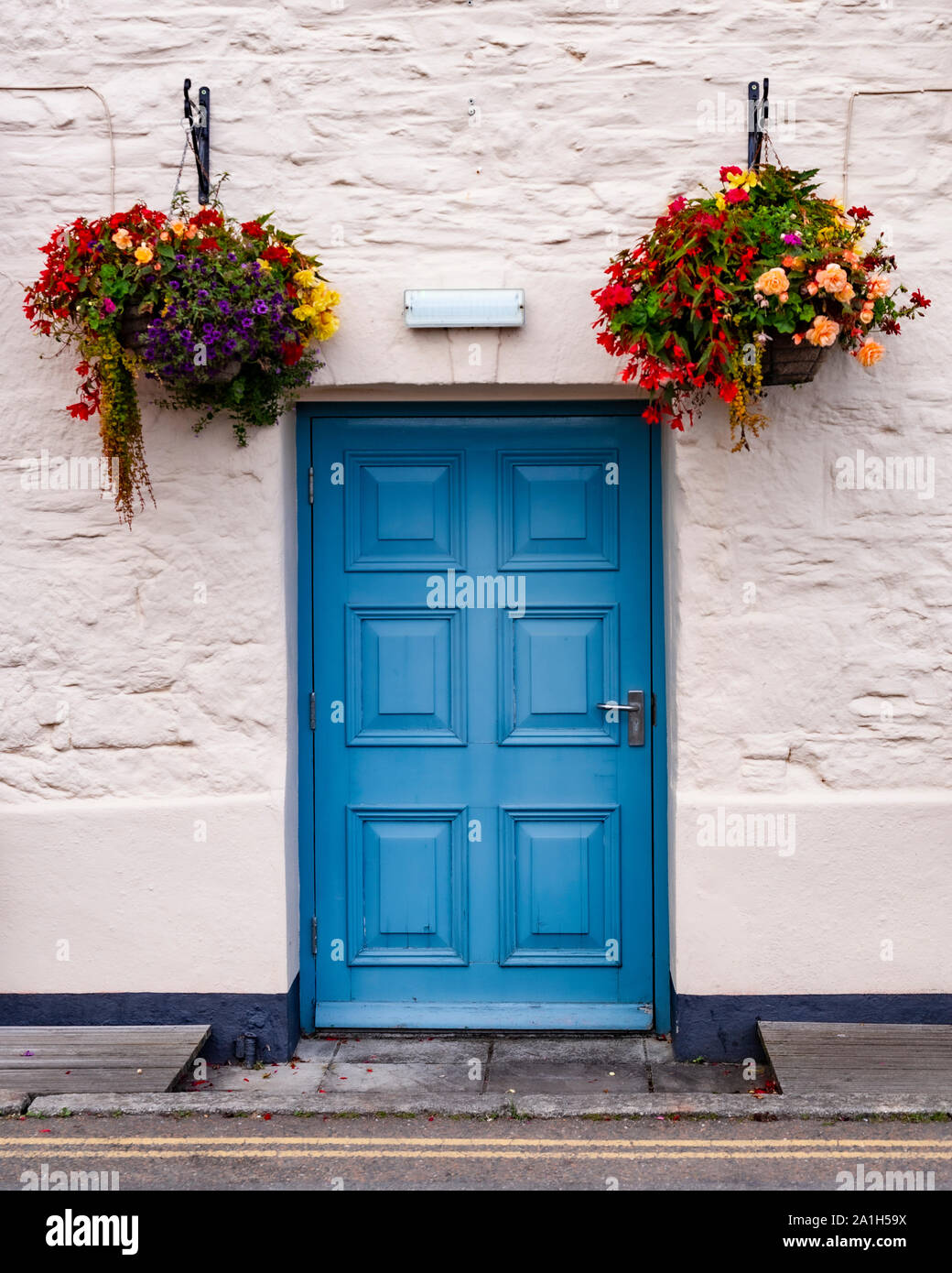 Blaue Tür und Blumen, Pentewan, Cornwall Stockfoto