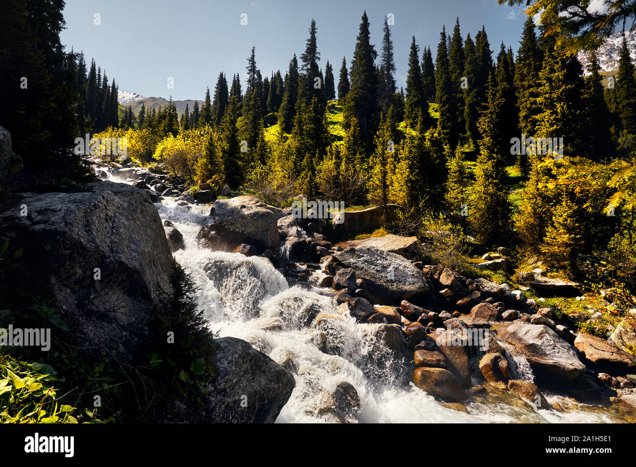 Wilder Fluss im Tal am sonnigen Tag in Kasachstan Stockfoto