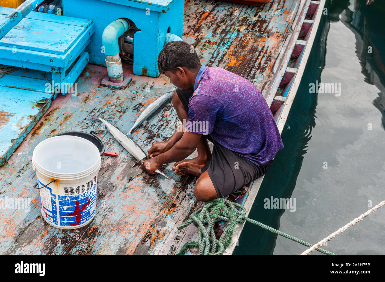 Male, Malediven - November 16, 2017: Bereich von frischem Fisch Markt in Wetter in Male, Malediven. Ein Fischer reinigt die Fische aus den Skalen auf einem Bo Stockfoto