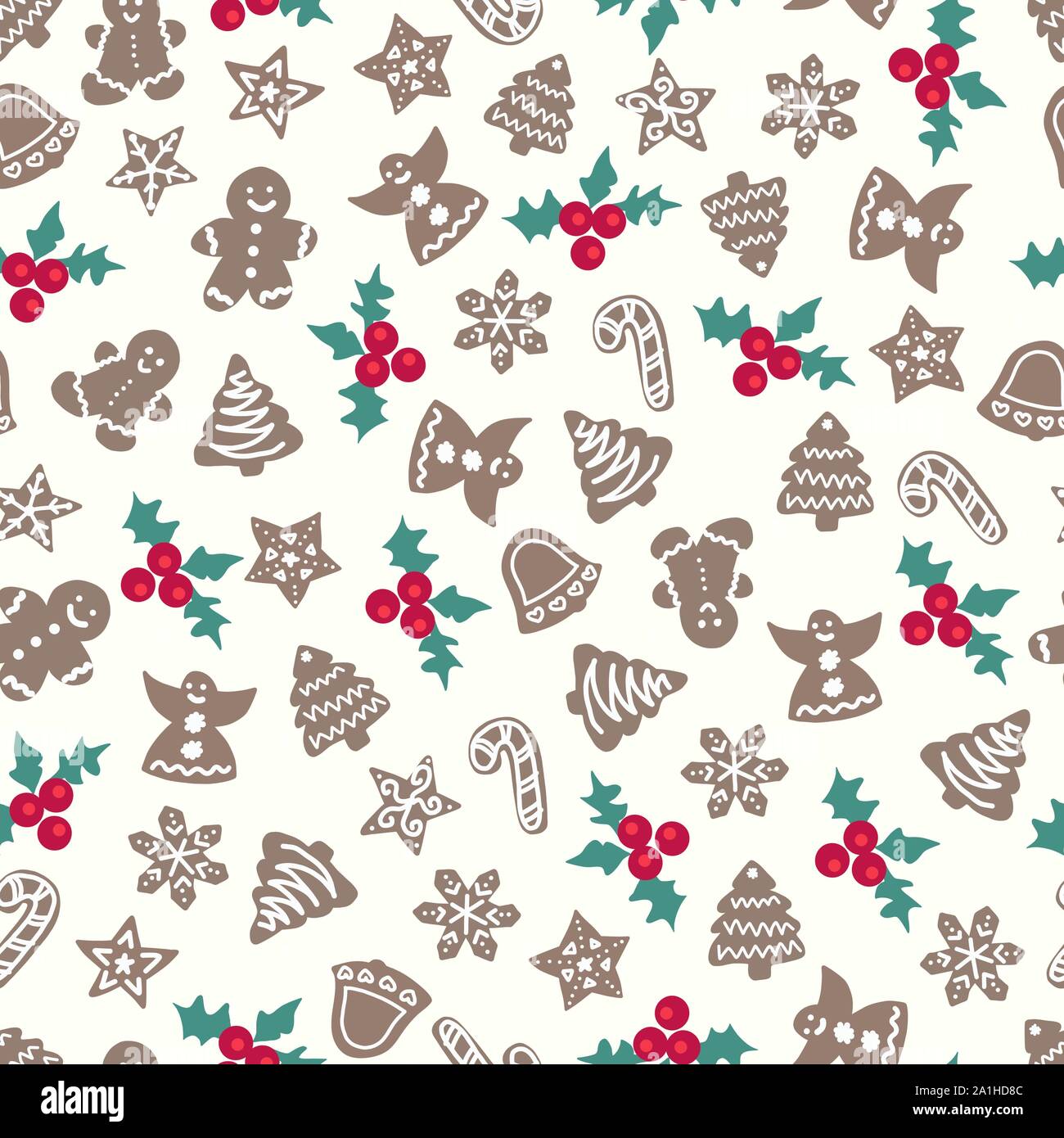 Weihnachten Lebkuchen cookies nahtlose Muster. Urlaub vector Hintergrund Baum, Glocke, Engel, Zuckerstange, Schneeflocke. Weihnachten sich wiederholende Textur für Stock Vektor