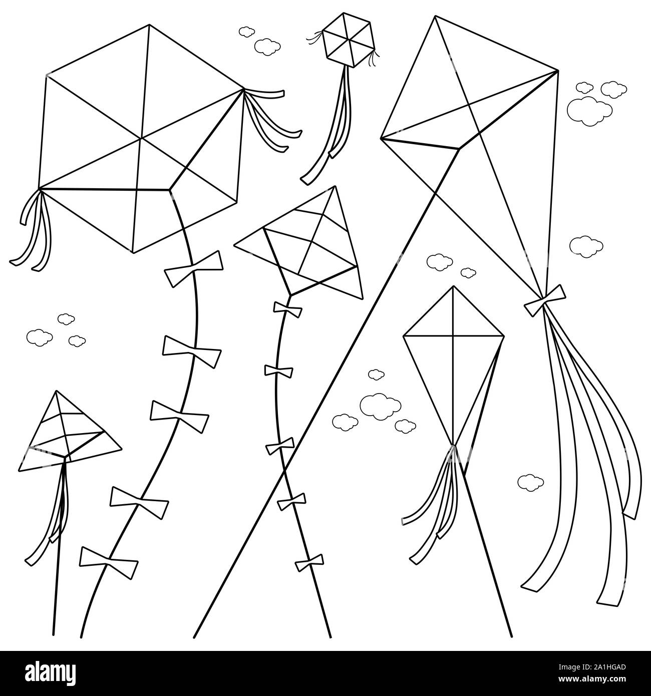 Schöne Drachen und Wolken am Himmel. Glückliche Drachen verschiedener Formen fliegen am klaren Himmel. Seite mit Schwarzweiß-Malbuch Stockfoto