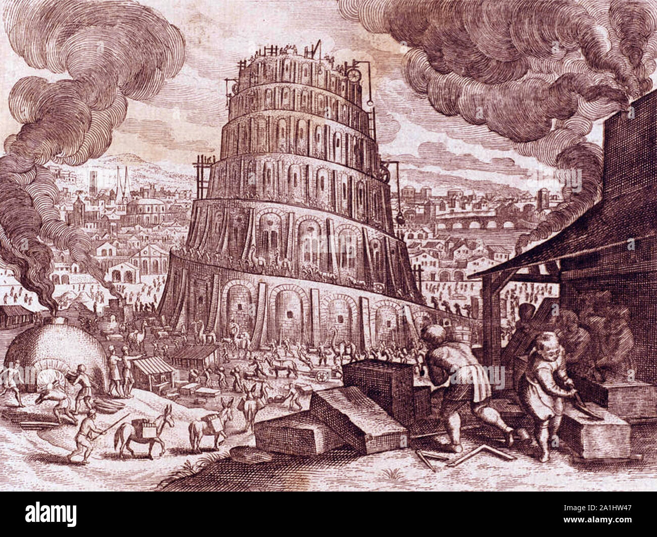 Turmbau zu Babel im 18. Jh. Gravur Stockfoto