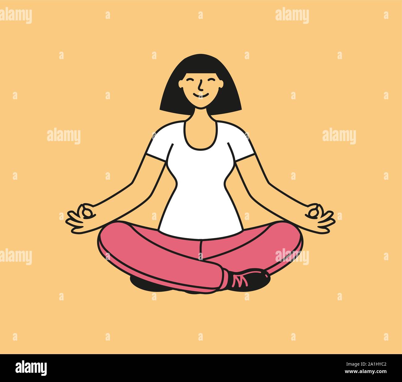 Glückliches Mädchen sitzen im Lotussitz. Yoga, Fitness Concept. Cartoon Vector Illustration Stock Vektor