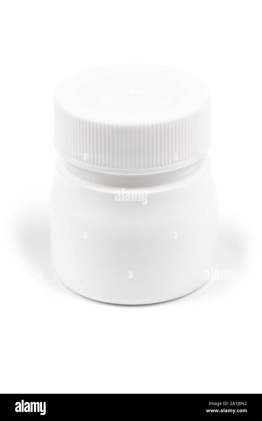 Weiße Pille Flasche auf weißem Hintergrund. Hochauflösendes Foto. Volle Tiefenschärfe. Stockfoto