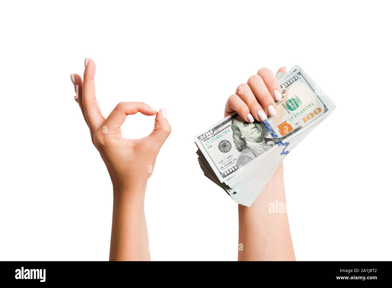 Isolierte Bild von Dollar in einer Hand und zeigen okay Geste mit der anderen Hand. Blick von oben auf die Geschäftsidee. Stockfoto