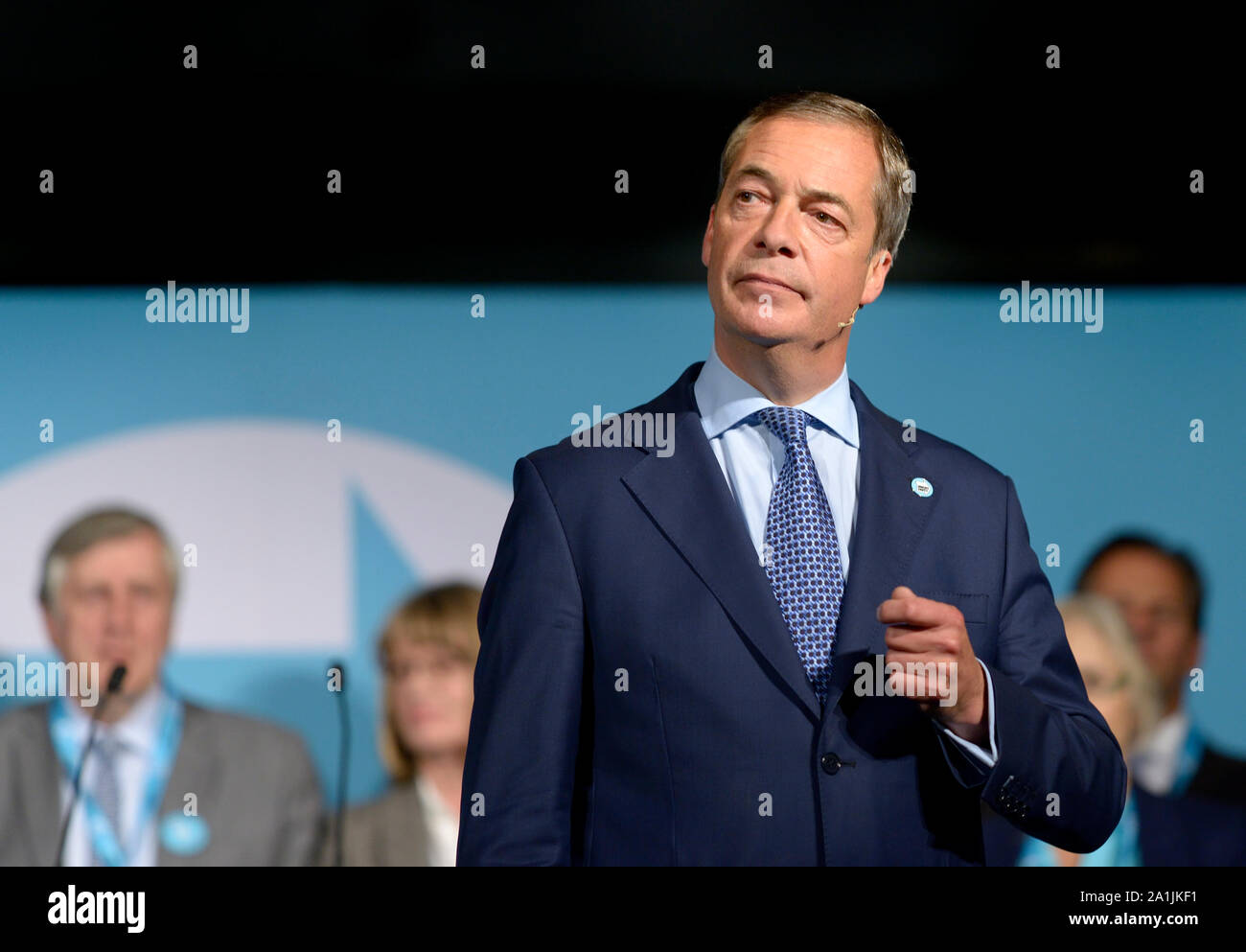 Nigel Farage, MDEP, Gruppenleiter, in einer Rede auf der Kundgebung an der Brexit Partei das Kent Event Center in Maidstone, Kent, Großbritannien. 26. September 2019. Stockfoto