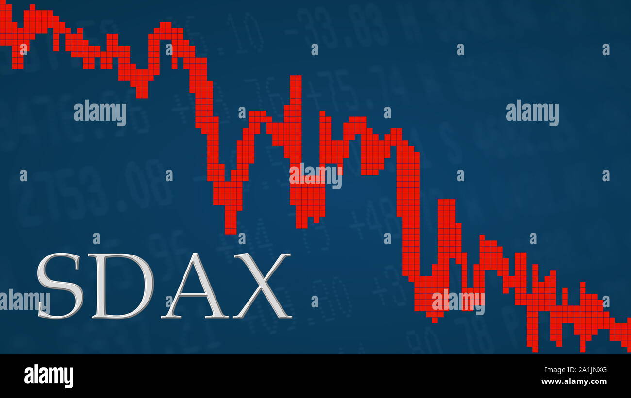 Der Deutsche Aktienindex SDAX fällt. Die rote Kurve Neben dem Silber SDAX-Titel auf einem blauen Hintergrund zeigt nach unten und symbolisiert... Stockfoto