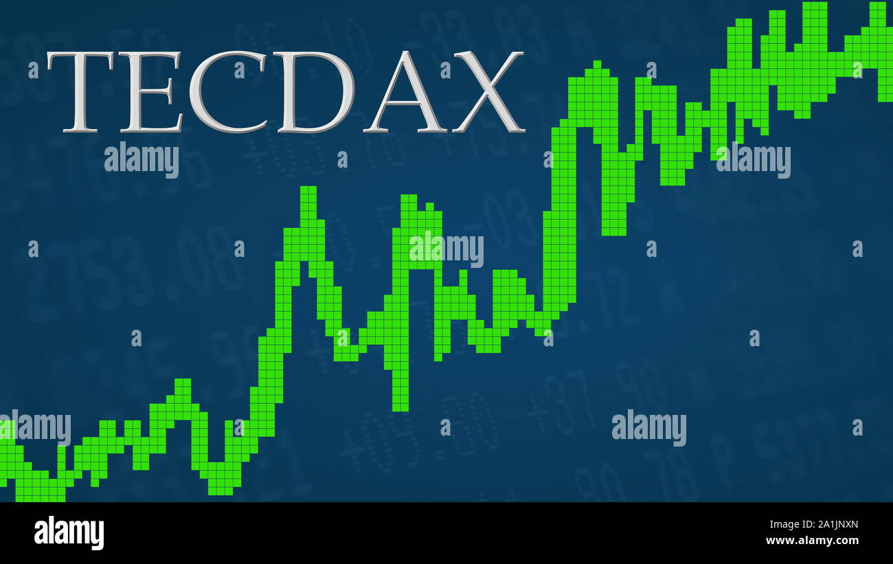 Der Deutsche Aktienindex TecDAX steigt. Die grüne Grafik neben dem Silber TecDAX-Titel auf einem blauen Hintergrund zeigt nach oben und... Stockfoto