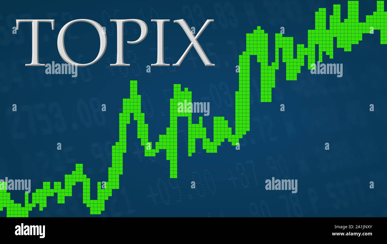 Die japanische Tokyo Stock Price Index TOPIX wird. Die grüne Grafik neben dem Silber TOPIX Titel auf einem blauen Hintergrund zeigt nach oben und... Stockfoto
