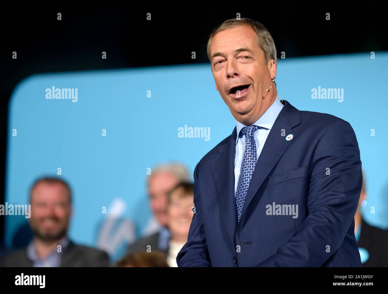 Nigel Farage, MDEP, Gruppenleiter, in einer Rede auf der Kundgebung an der Brexit Partei das Kent Event Center in Maidstone, Kent, Großbritannien. 26. September 2019. Stockfoto