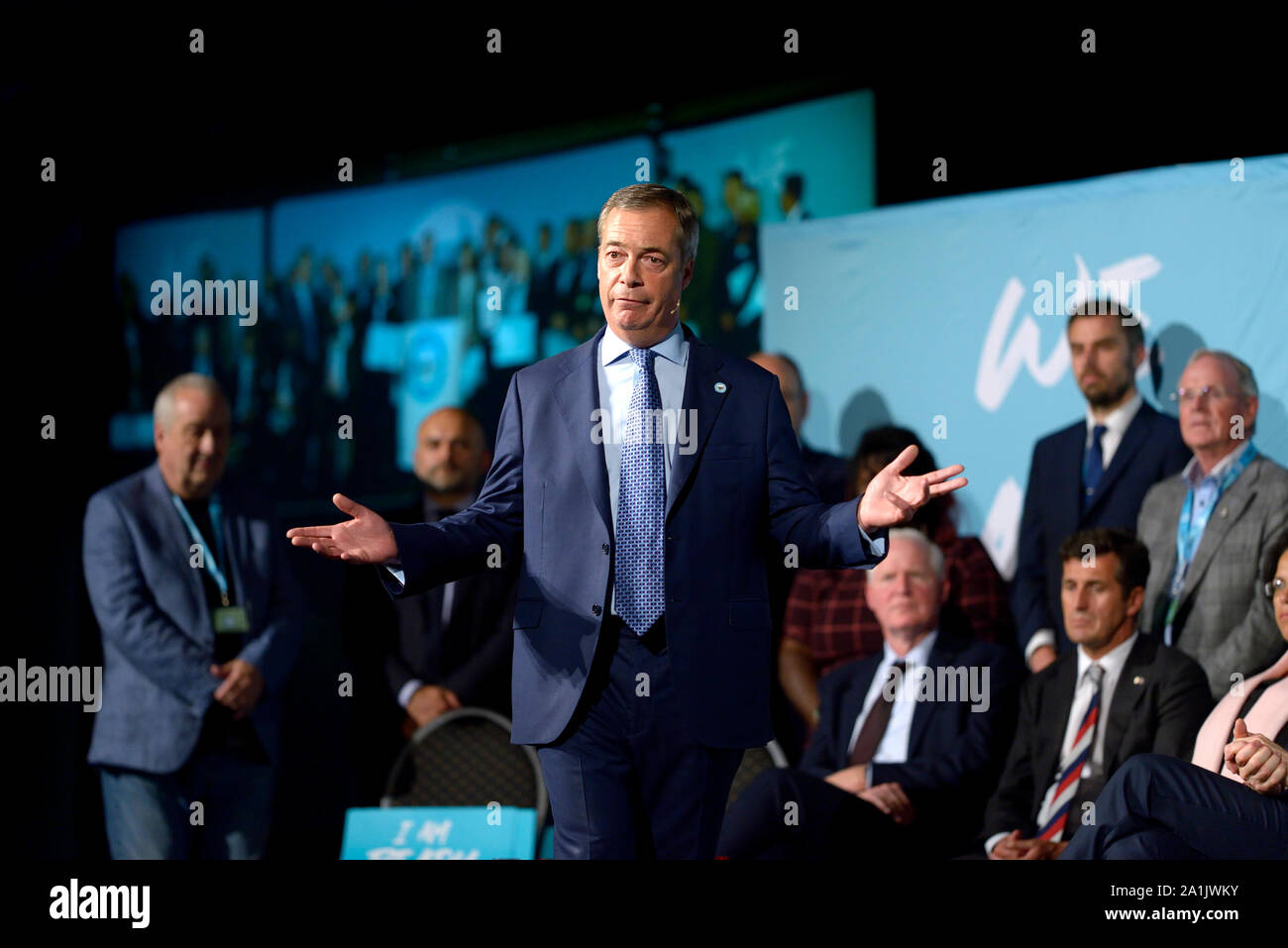 Nigel Farage, MDEP, Gruppenleiter, in einer Rede auf der Kundgebung an der Brexit Partei das Kent Event Center in Maidstone, Kent, Großbritannien. 26. September 2019. Stockfoto