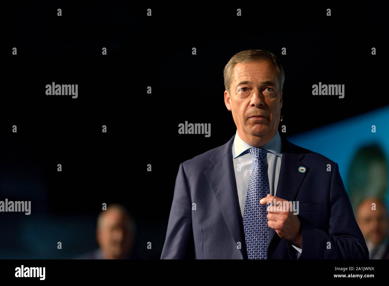 Nigel Farage, MDEP, Gruppenleiter, in einer Rede auf der Kundgebung an der Brexit Partei das Kent Event Center in Maidstone, Kent, Großbritannien. 26. September 2019. Stockfoto