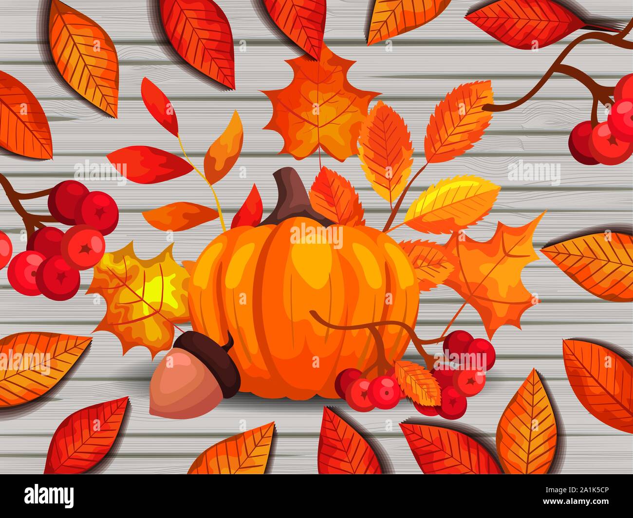 Blätter Herbst mit Kürbis und Mutter im Hintergrund Holz- Stock Vektor