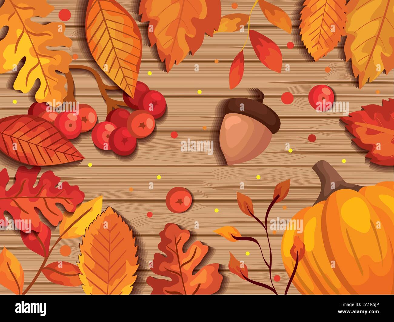 Blätter Herbst im Hintergrund Holz mit Muttern Früchte Stock Vektor