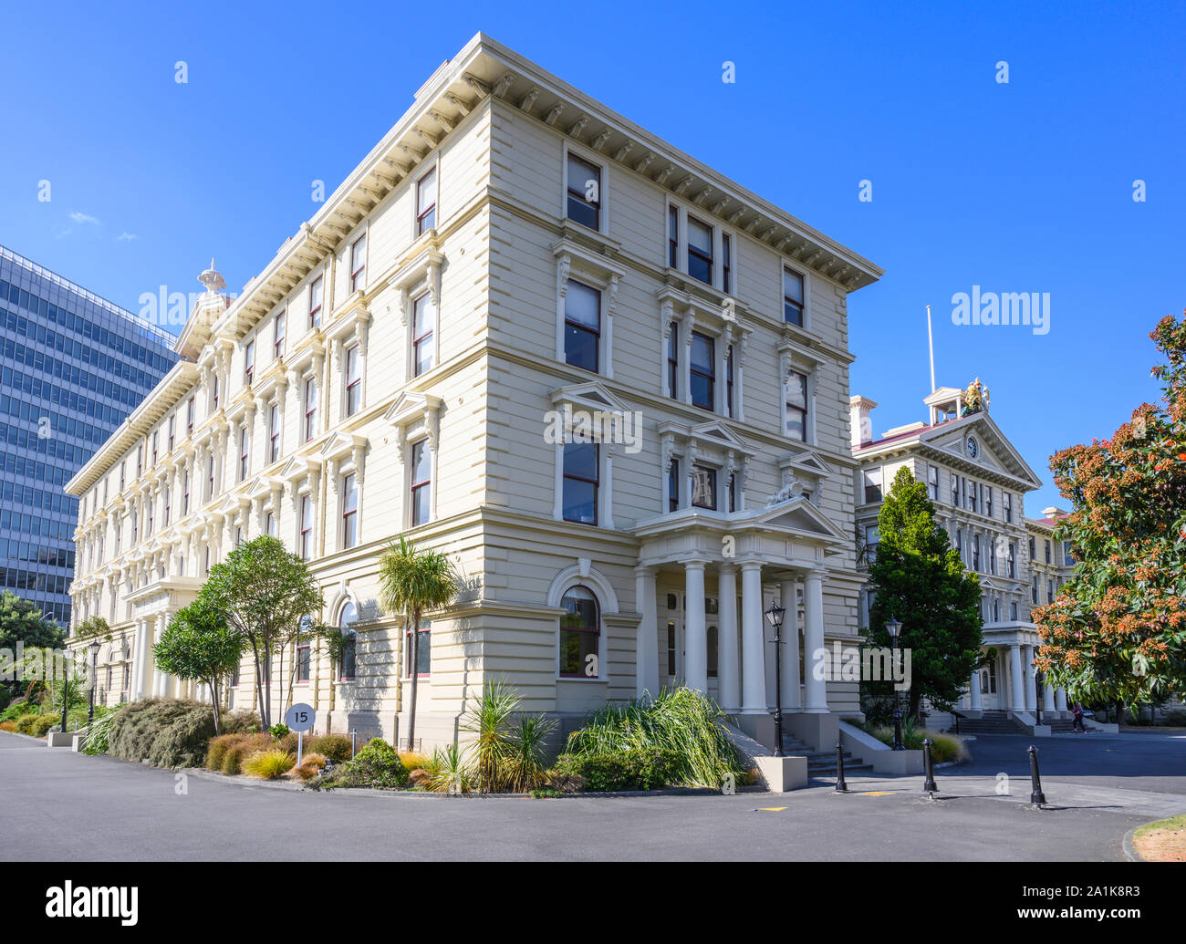 Die aus Holz gebauten alten Regierungsgebäude (1876), auf Lambton Quay, wurden gebaut, um zivilen Neuseelands Service zu Haus. Wellington, Neuseeland Stockfoto