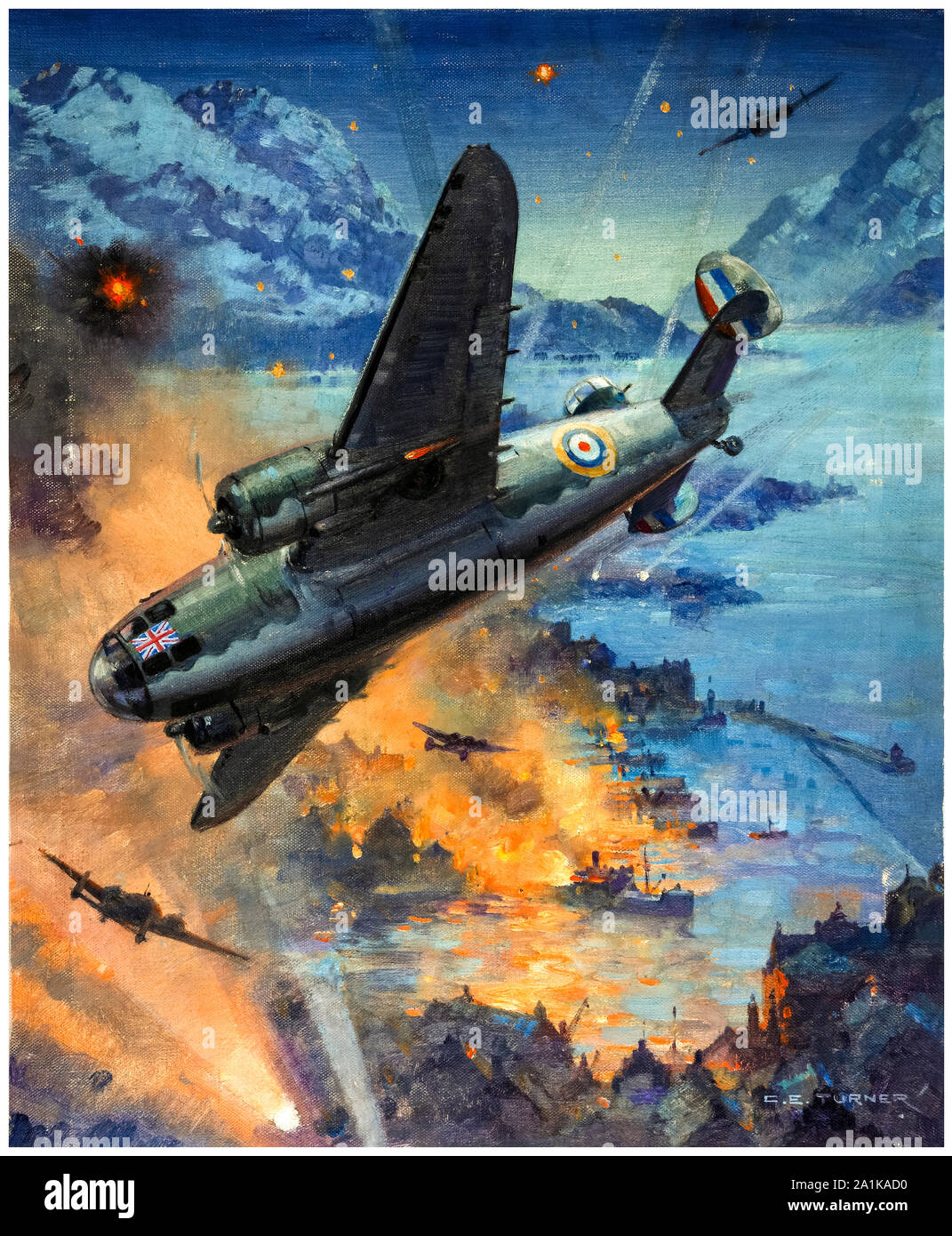 Britische, WW2, Artwork, Bombardierung Szene, Lockheed Hudson Bomber auf eine Küstenstadt raid, Malerei 1939-1946 Stockfoto
