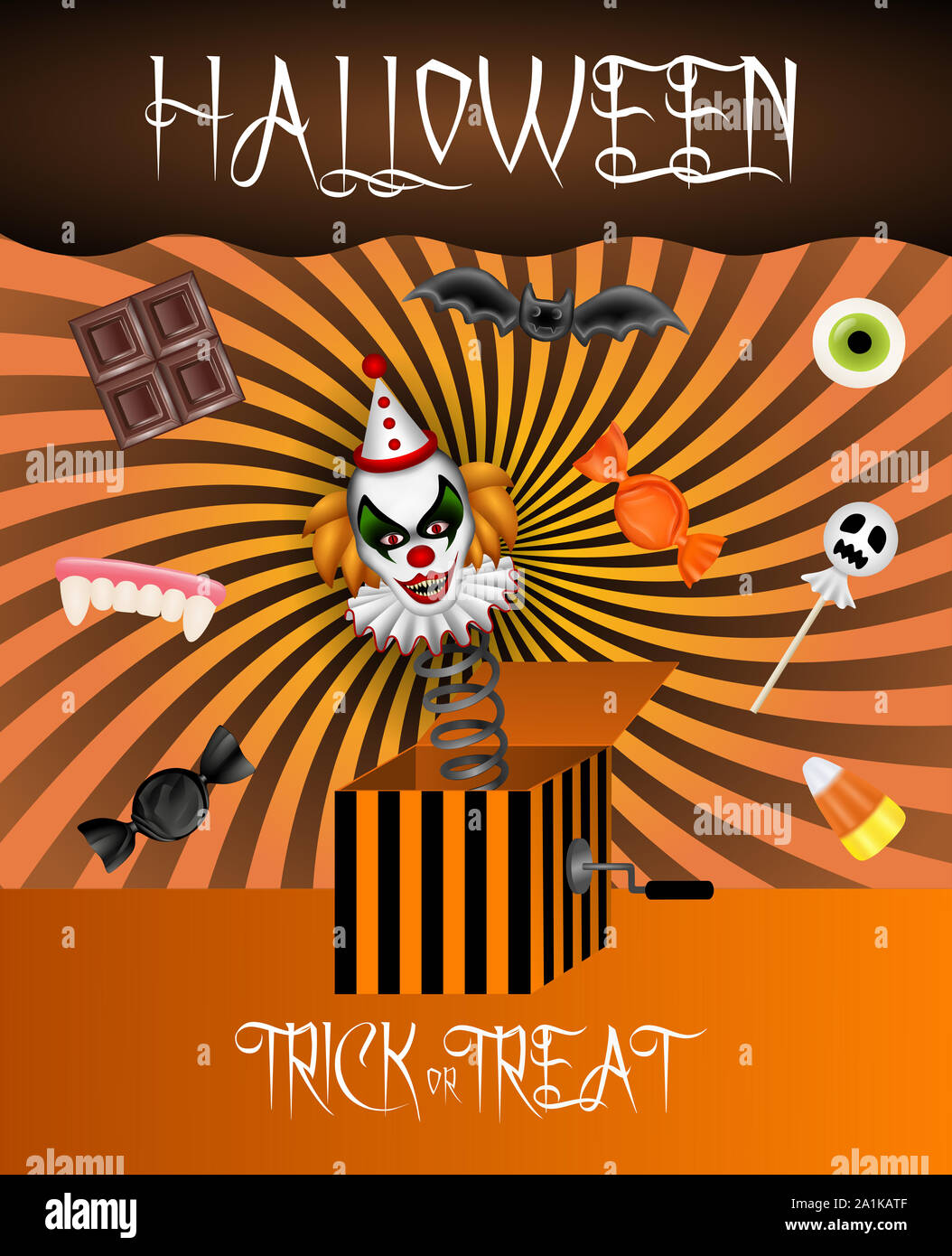Halloween Hintergrund mit Clown in der Box und Halloween Süßigkeiten Stockfoto