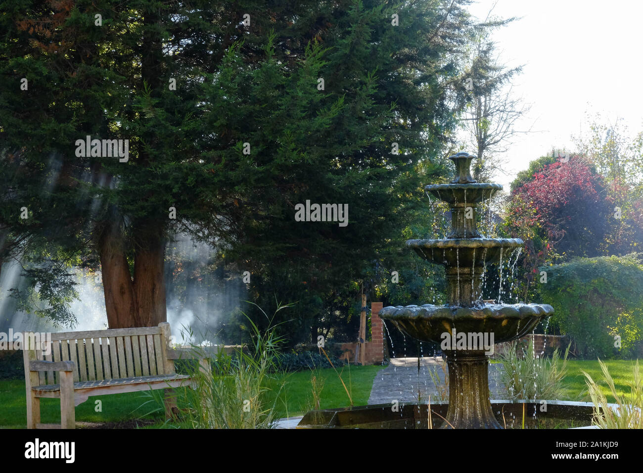 Ruhigen Garten im Herbst mit Holzbank, 3 Stufe Stein Wasser Brunnen, grünes Gras und Bäume im Hintergrund. Stockfoto