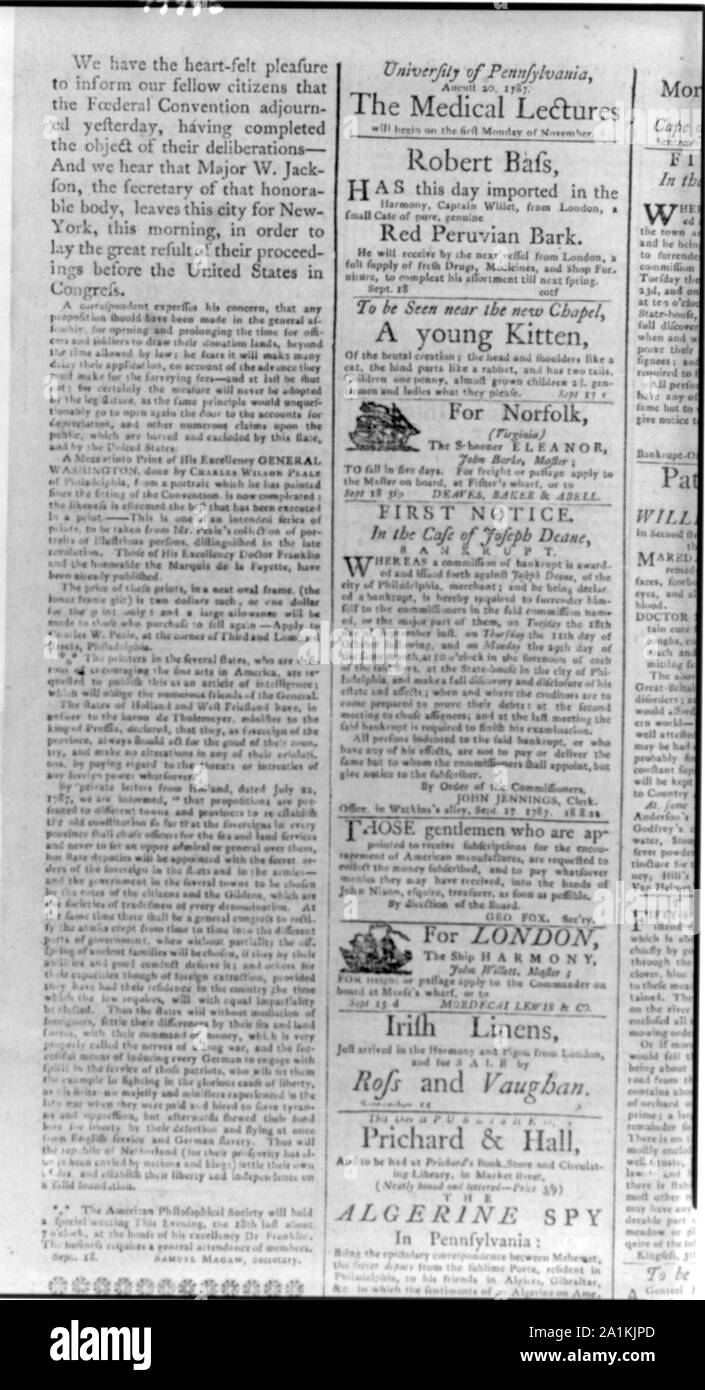 Zeitungsartikel und Hinweise im Jahre 1787 während der Verfassungskonvent in Phila gedruckt. Stockfoto
