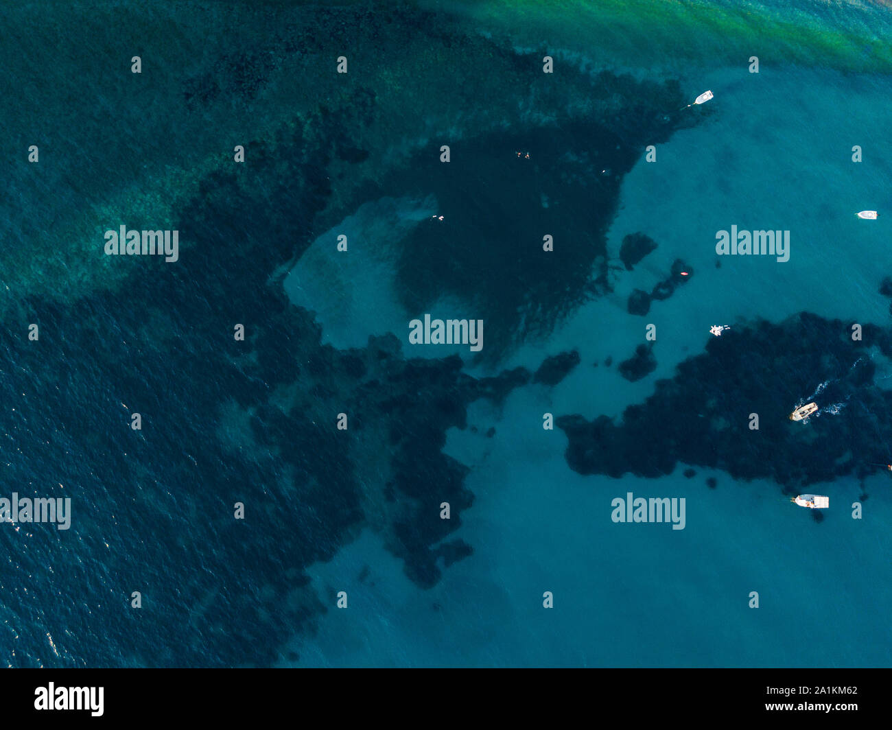 Luftaufnahme der Boote im Meer vor Anker. Überblick über den Meeresboden, transparentes Wasser von oben gesehen Stockfoto