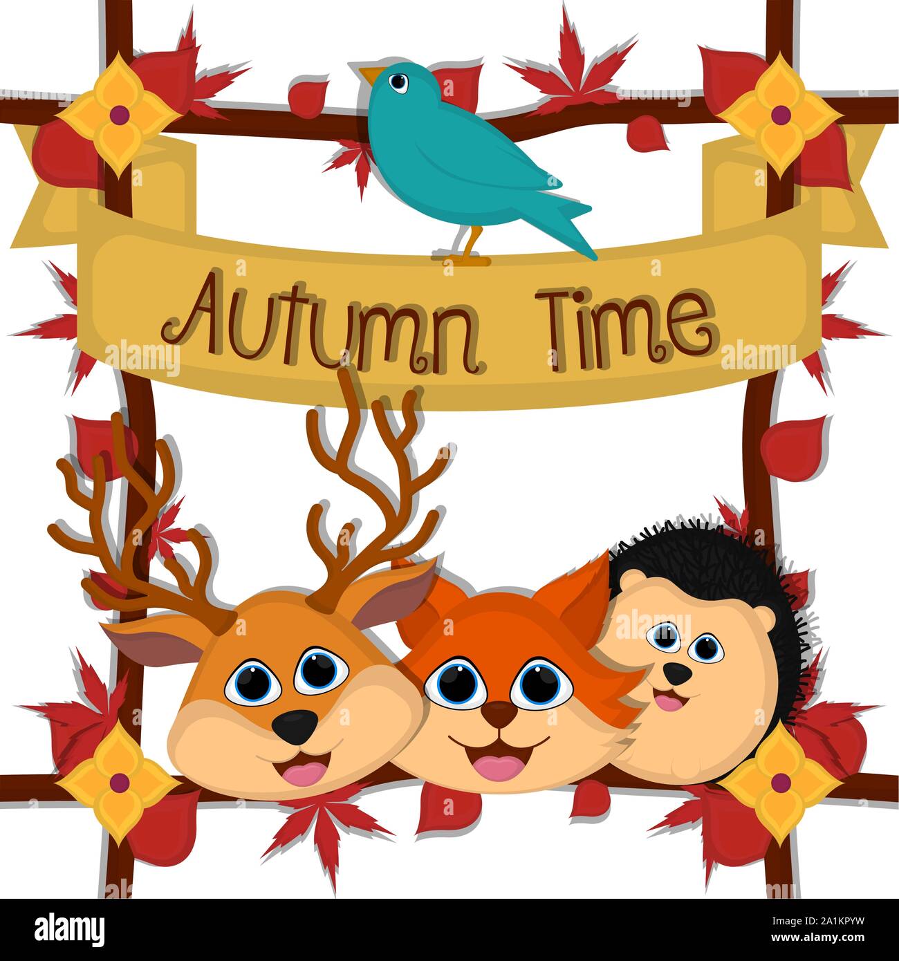 Herbst Karte mit einem niedlichen Fuchs, Stachelschwein und Rotwild - Vektor Stock Vektor