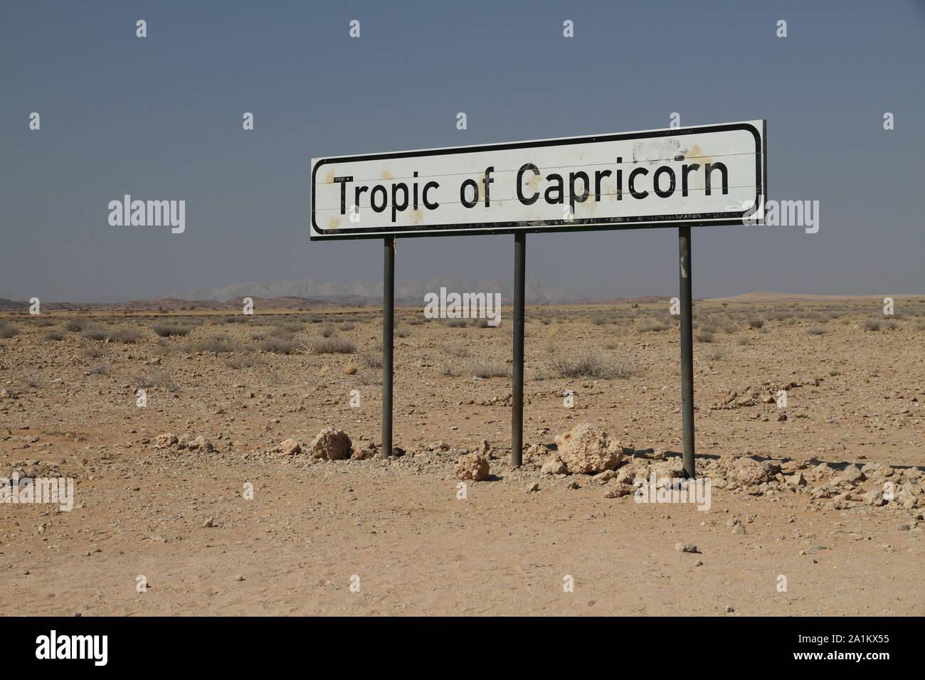 Wendekreis des Steinbocks Zeichen, Namibia, Afrika. Stockfoto