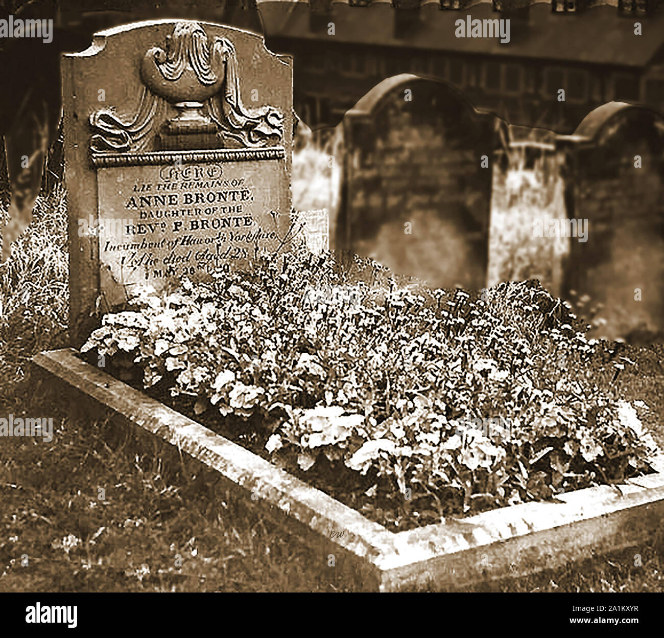 Grab von Anne Bronte in St. Mary's Friedhof, Scarborough, Großbritannien. Anne (1820-1845) war ein englischer Schriftsteller und Dichter und das jüngste Mitglied der Bronte literarischen Familie. Stockfoto