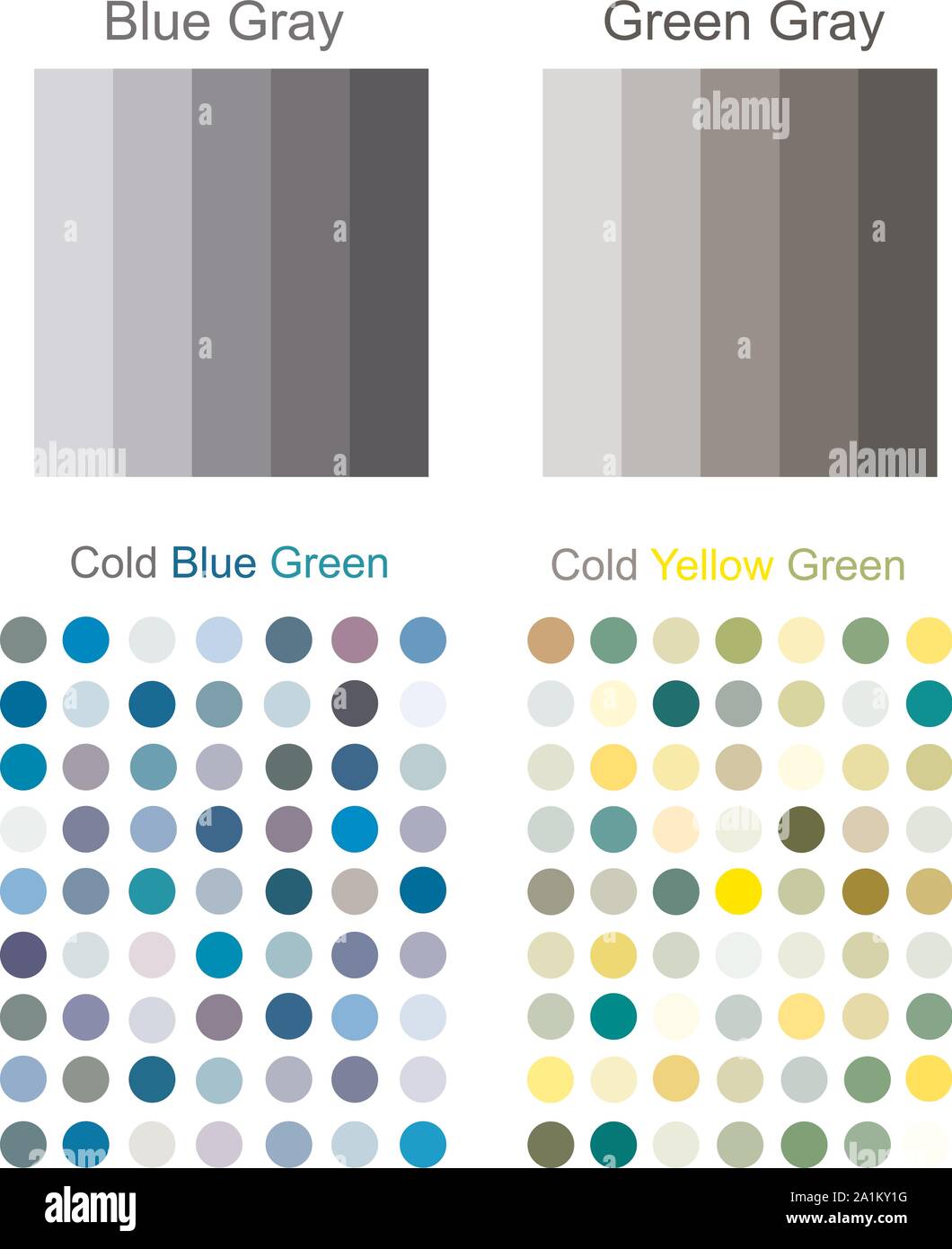 Blau Grau, Grün Grau Harmonie Lösung von Paletten. Kreative Farbtrends 2019-2020 für Innen, Mode und Design Kunst für Designer Stock Vektor