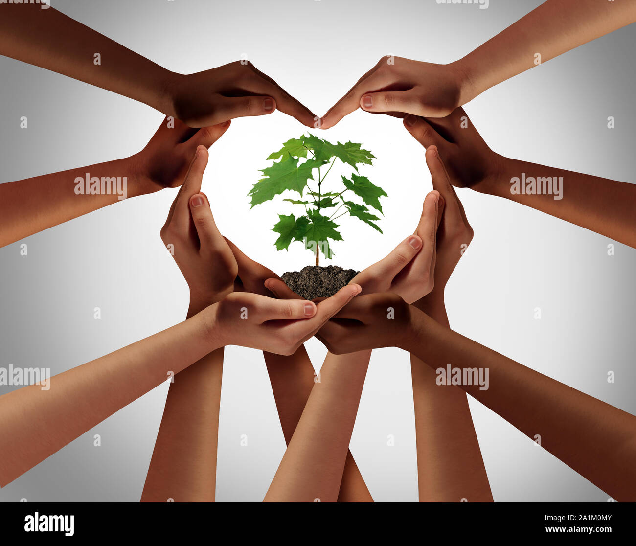 Earthday oder Tag der Erde als Gruppe von unterschiedlichsten Menschen Herzen Hände zu bilden gemeinsam den Schutz der Umwelt und der Förderung. Stockfoto