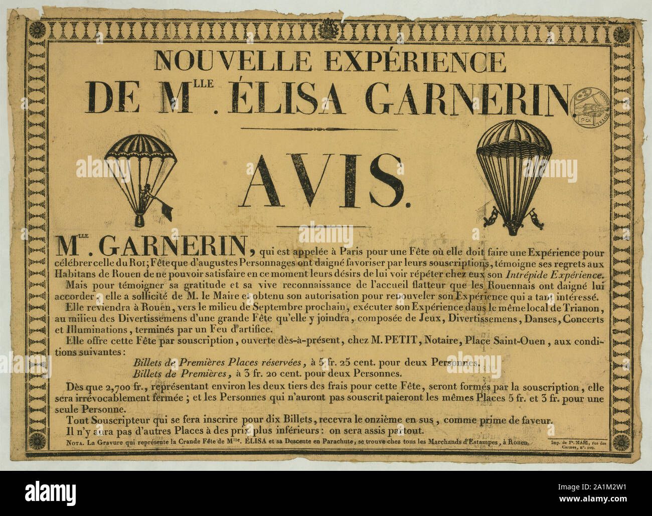 Nouvelle expérience de Mlle. Élisa Garnerin. Avis; Breitseite Ankündigung einer Fallschirm springen in Rouen, Frankreich, von Elisa Garnerin, der viele Fallschirm Abfahrten zwischen 1815 und 1836 gemacht. Enthält zwei Bilder von Fallschirmen.; Stockfoto