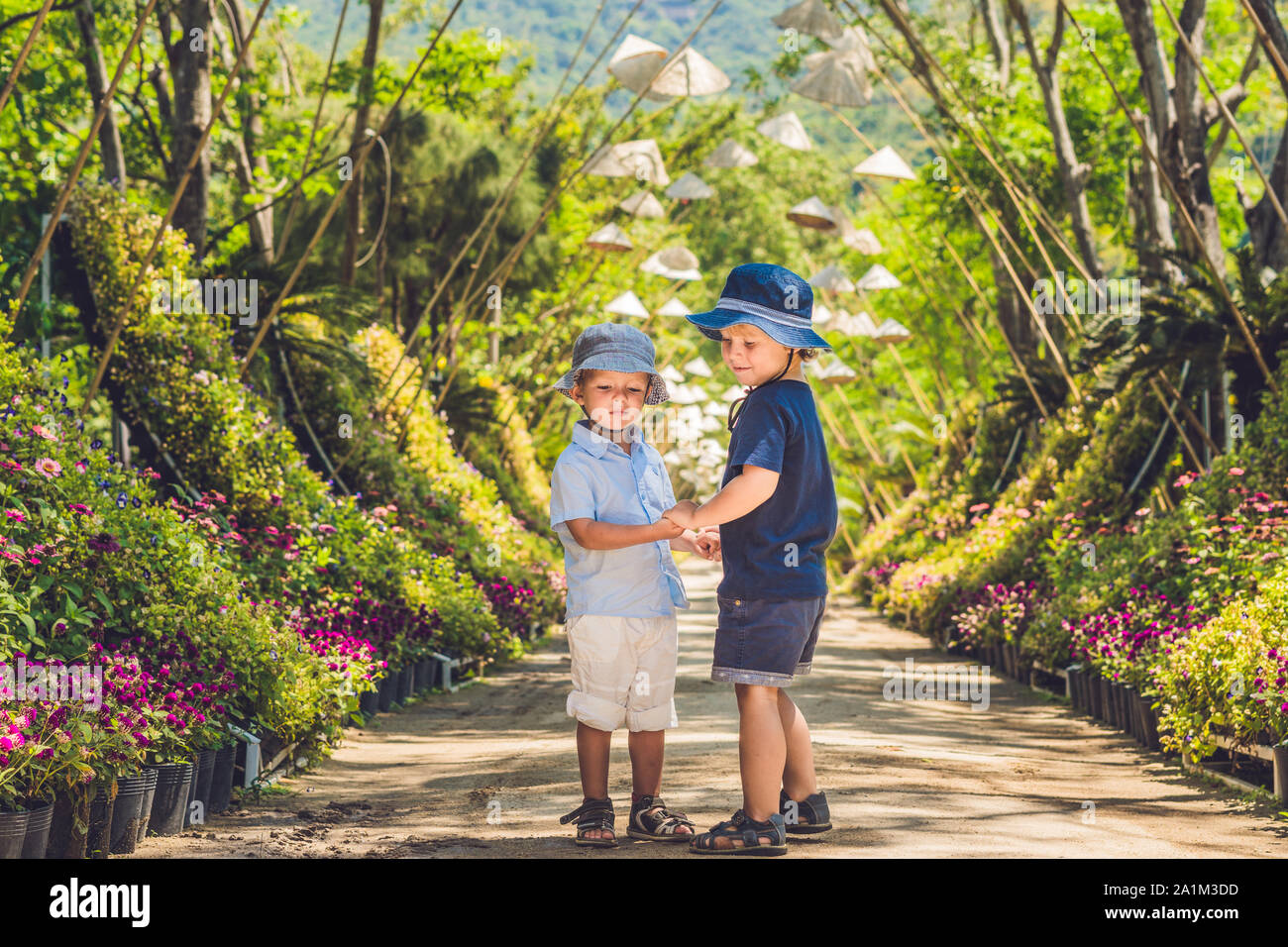 Zwei Jungen, die vor dem Hintergrund vietnamesischer Hüte in Vietnam unterwegs sind Stockfoto