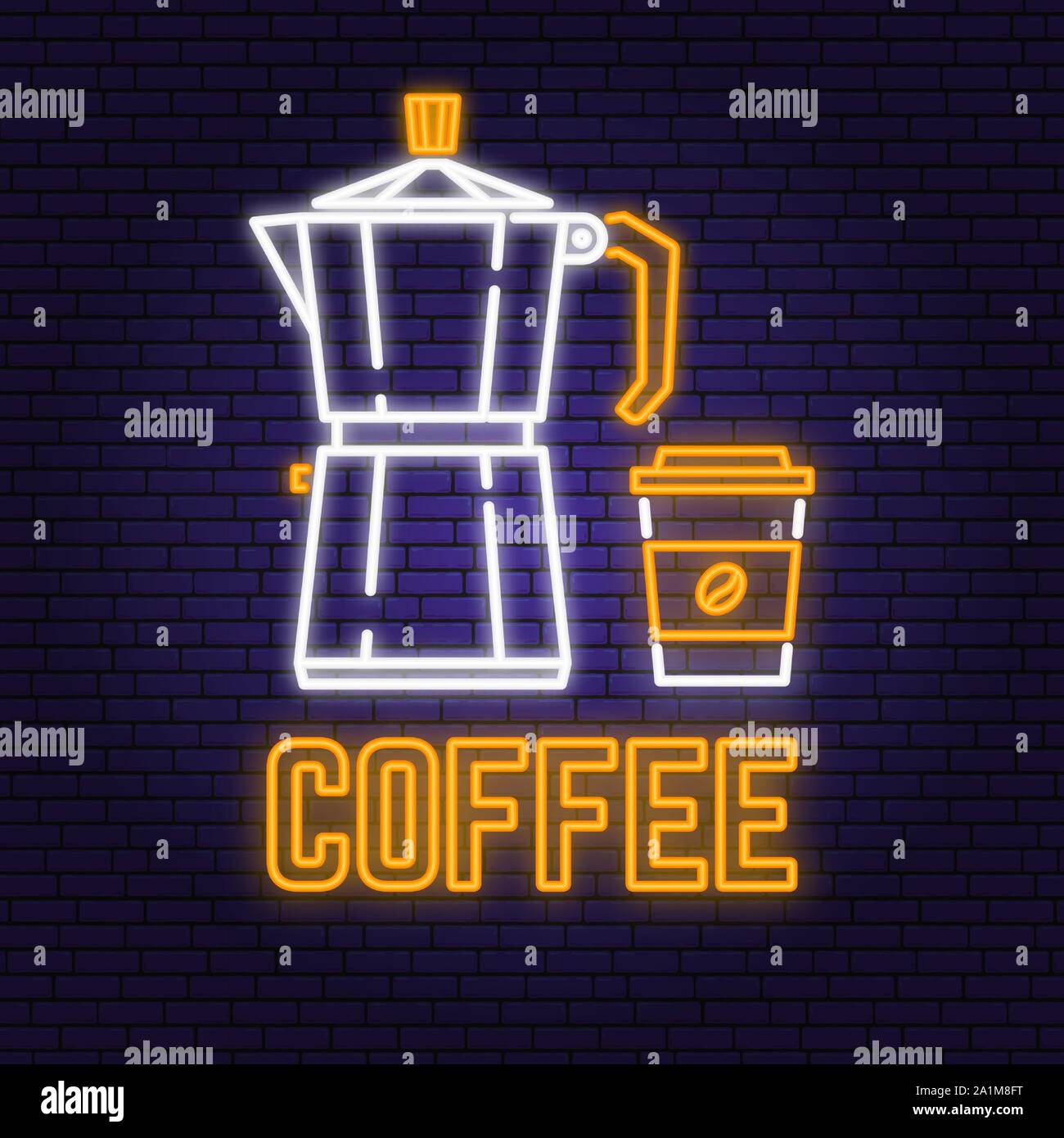 Neon/retro Zeichen auf Stein Wand Hintergrund. Design für Cafe, Restaurant. Vector Illustration. Neon Design für Pub oder fast food business. Licht anmelden Banner. Gläschen. Stock Vektor