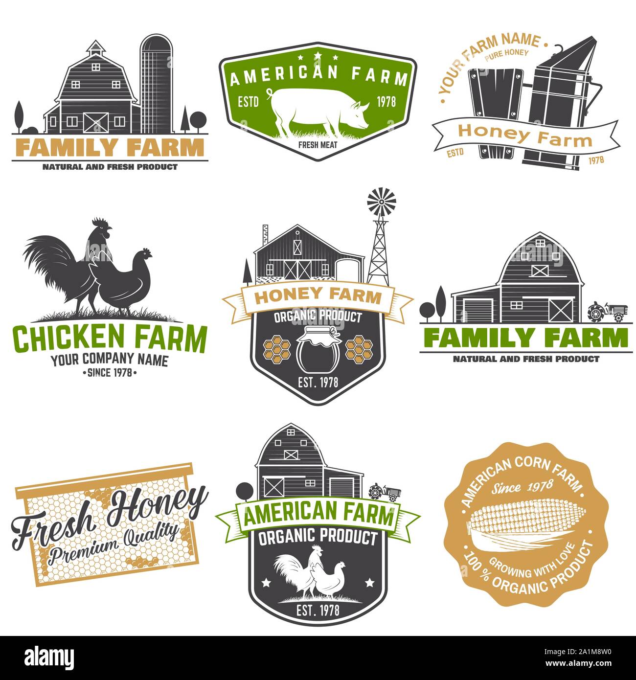 American Farm und Honey Bee Farm Abzeichen oder Label. Vektor. Vintage Typografie Design mit Biene, honigwabe Stück, Hive, Huhn, Schwein, Kuh und Bauernhof Silhouette. Elemente auf das Thema farm Business. Stock Vektor