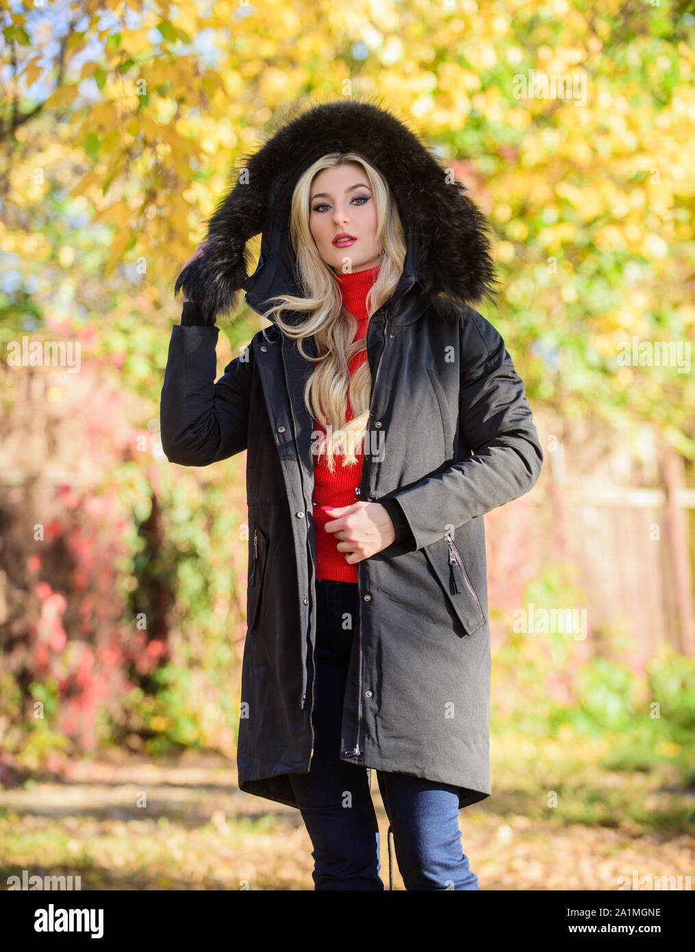 Puffer Jacke mit Kapuze. Frau tragen schwarz parka Fell Kapuze. Klassische parka  Mantel hat Holz Ikone geworden. Vielseitige funktionelle und stilvolle.  Mädchen tragen Parka beim Spaziergang Park. Jugend hipster Fashion Concept  Stockfotografie -