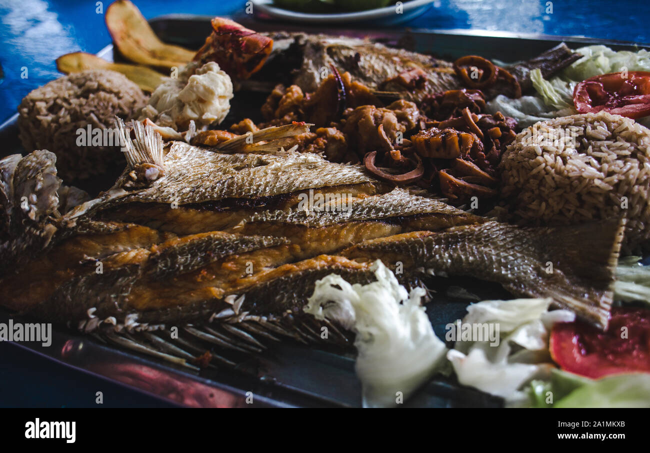 Köstliche Meeresfrüchte-Platte in der Karibik, die zum Mittagessen auf der Isla de Providencia, Kolumbien serviert wird: Tintenfisch, Roter Snapper-Fisch, Karakolschnecke, Kokosnussreis und mehr Stockfoto